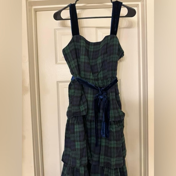 NWOT TCEC Black Watch Tartan Ruffle Flannel & Velvet Midi Dress Size M - Picture 2 of 3